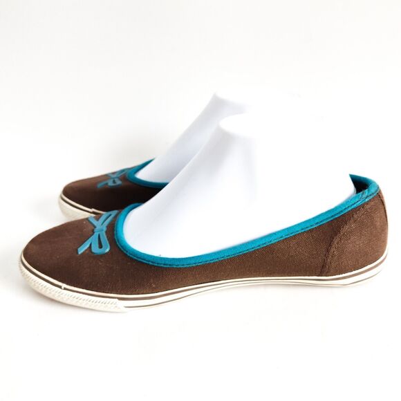 90's Y2K dELiA's Brown Blue Trim Bow Ballet Flats Corley Vegan Size 8 Coquette - Picture 4 of 11